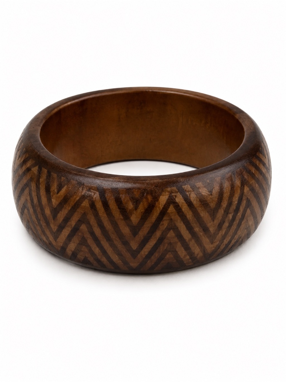 Brand New Hand Carved Wooden Bangle Bracelet Brown Chevron Boho Wide Cuff